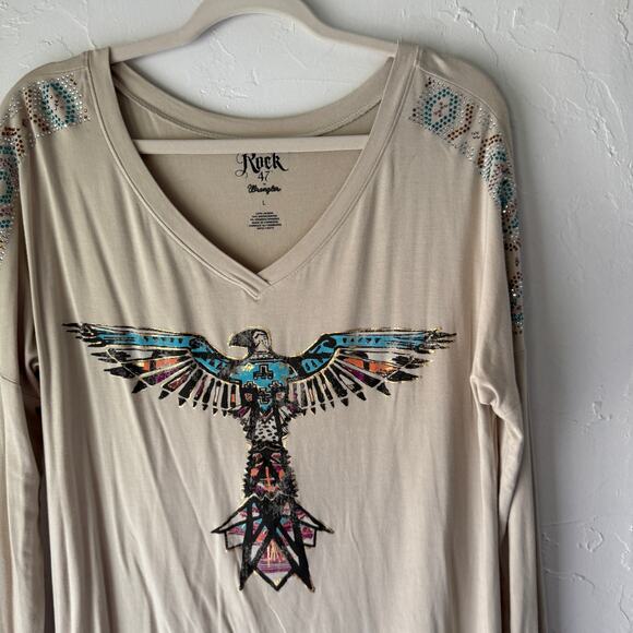 Rock 47 by Wrangler Long Sleeve Top L‎ Thunderbird Aztec Graphic Bling Western - Picture 2 of 8